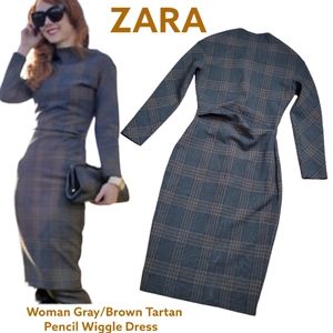 ZARA blogger favorite Tartan Plaid Wiggle Pencil Dress  brown bodycon stretch S